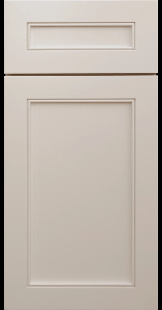 Alpine-style mitered shaker cabinet in Beige with a flat center panel and inside bead detail.